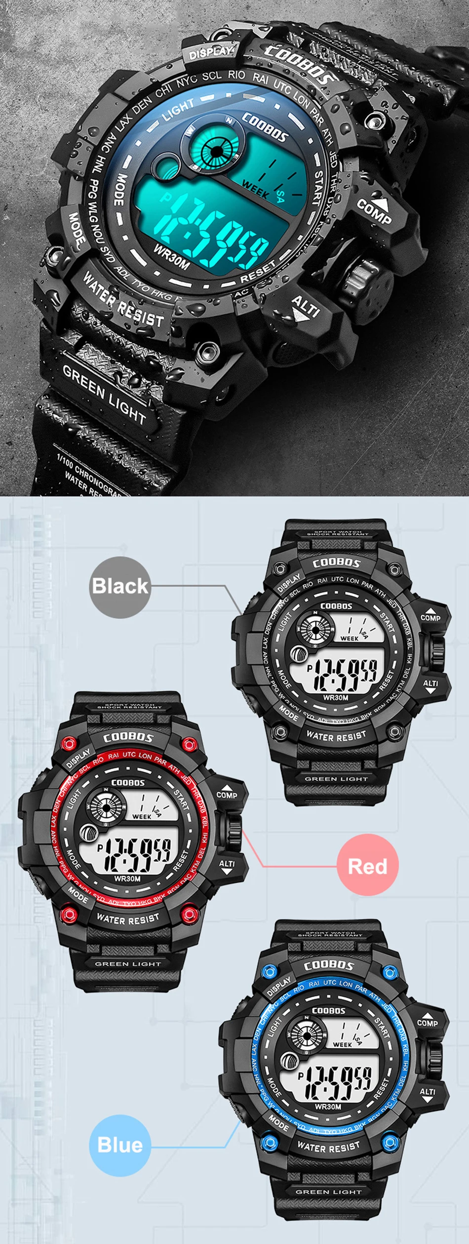 COOBOS New Men LED Digital Watches Luminous Fashion Sport Waterproof Watches For Man Date Army Military Clock Relogio Masculino