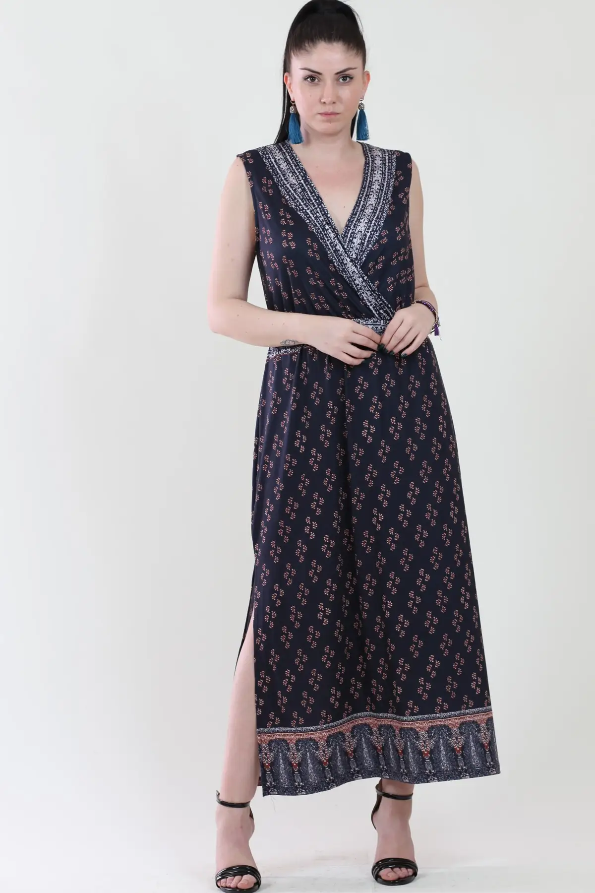 Sans Textile женское темно-синее обернутое длинное платье с воротником 18A10907 |