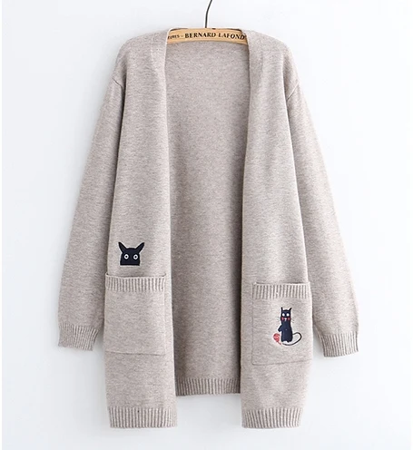 

Obrix Casual Style Sweet Soft Pretty Female Cardigan V-Neck Loose Full Sleeve Long Cats Embroidery Wide Streetwear Cardigan
