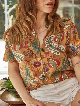 

BEYON WOMEN'S BROWN PATTERNED SHORT-SLEEVE SHIRT 2020 FASHION CHIC SPORTS DAILY OUTDOOR OFFICE CHIC