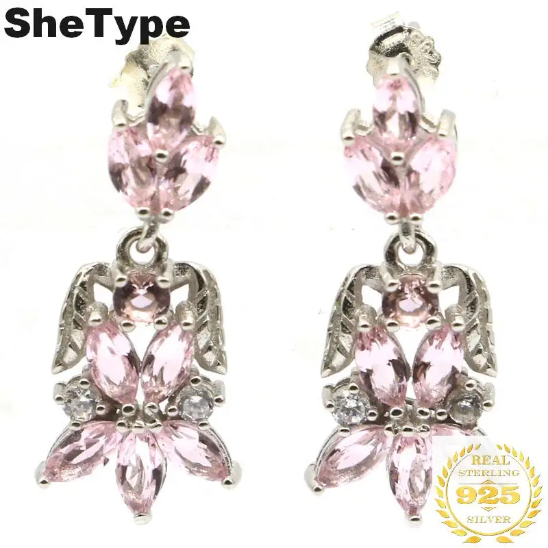 

25x11mm 3.37g Elegant Created London Blue Topaz Pink Kunzite Natural CZ Gift For Girls Real 925 Solid Sterling Silver Earrings