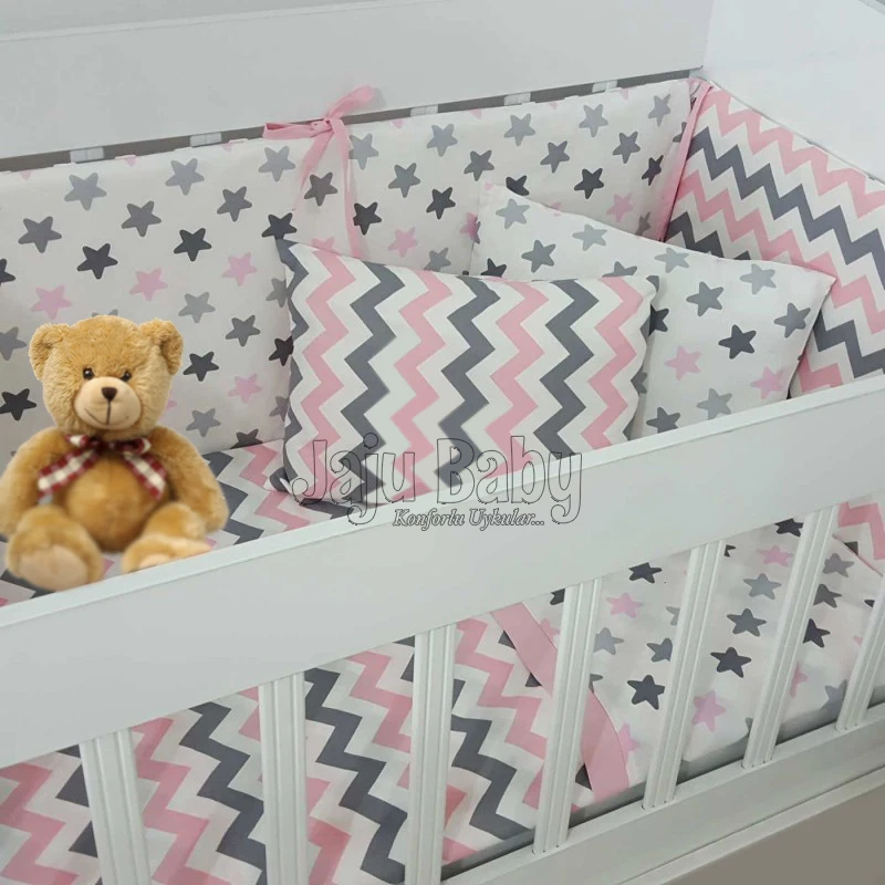 US $109.90 Jaju Baby Pink ZigzagStar Baby Duvet Cover Set And Crib Edge Protection