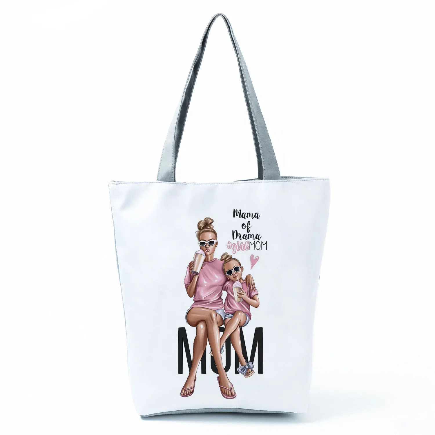 Cute Cartoon Super Mama Print Linen Tote Bag Reusable Shoulder Bags Mom And Baby Fold Women Casual Handbags Lady Fabric Totes 
