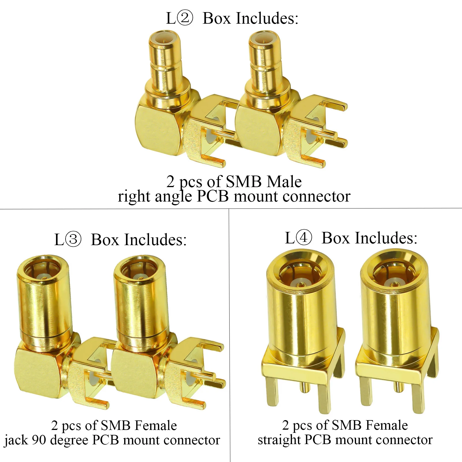 3Type/lot 2pcs/lot SMB PCB Mount Connector SMB Male Plug RF Coaxial Adapter SMB Female Jack Right Angle Solder PCB Panel 4 Pins