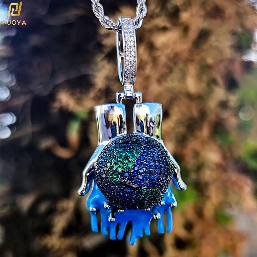 

Nuoya Iced Out CZ Environmental Protection Earth Jewelry Men's Hip Hop Blue Earth Pendants Necklace