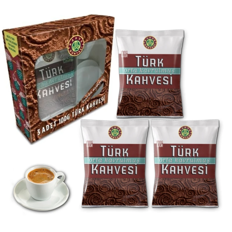 

Turkish Coffee | Gift Set | Medium Roasted Coffee | With Porcelain Cup Present | 5 pcs 3x100gr 300 gr | Free-Fast-Safe-Ship