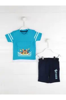 

Baby summer teenage boys blue shorts T-shirt 2 sets children sports home wear seasonal holiday animal cartoon cute dress