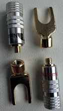 4 Uds chapados en oro Y en forma de Banana macho de Audio enchufes para altavoz tenedor con tornillo Spade conector de Cable para vinculante Post