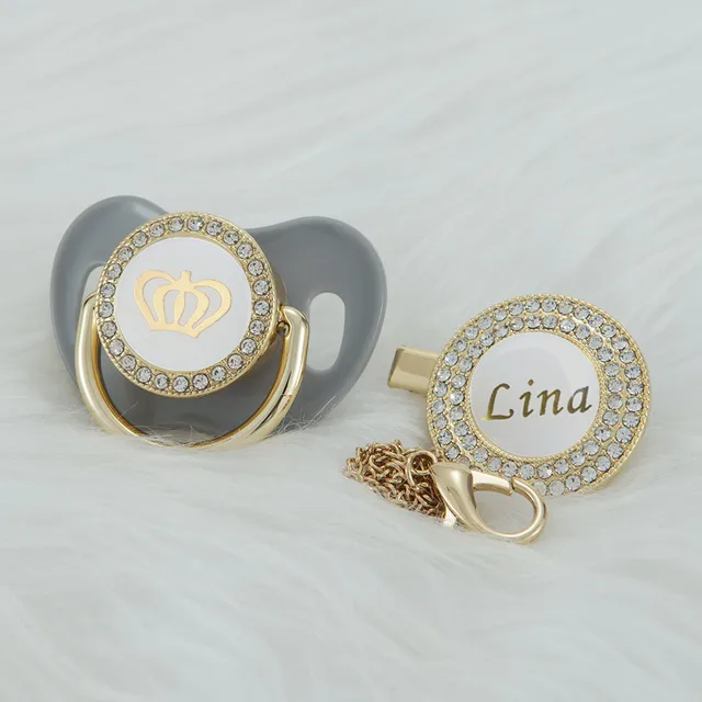 MIYOCAR custom name pacifier clip bling white crown pacifier and pacifier clip set luxurious unique gift PCW gray 6-18m