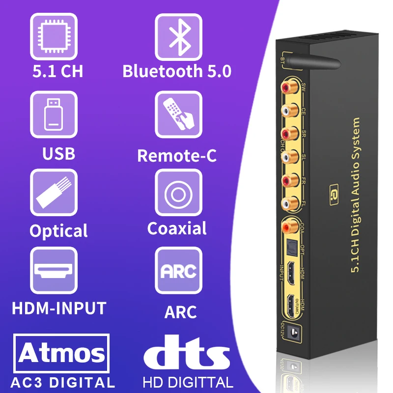 HD820 5.1CH аудио конвертер декодер Bluethooth 5 0 DAC HDMI-совместимый ARC SPDIF коаксиальный RCA DTSHD