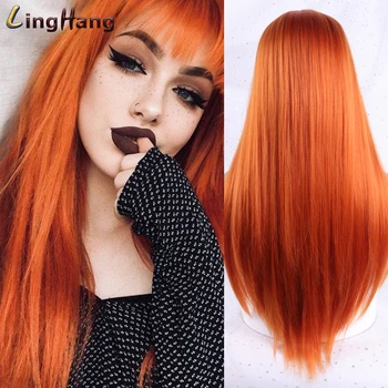 

LINGHANG Fashion Long Gold Synthetic Wig For Women Straight Female Hair Wigs With Bangs Cosplay Party Daily False Hair Wig