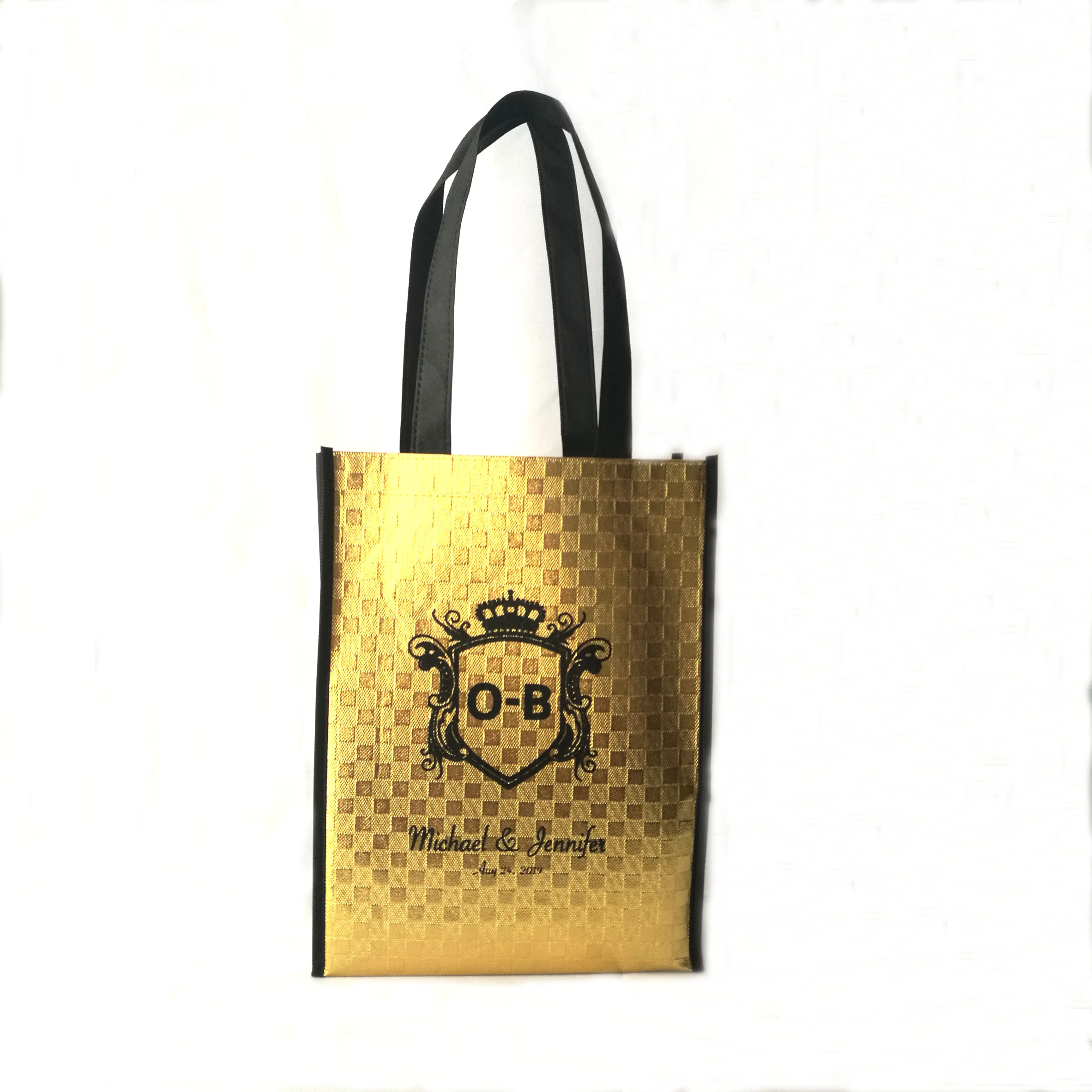 500 шт./лот Роскошная золотая металлическая ламинированная Нетканая тканевая сумка-шоппер сумка с толстой ручкой для подарка на свадьбу