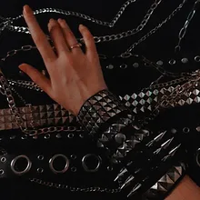 Único de tres fila puntiagudo hacen picos remache de cuero ancho Punk Rock gótico Unisex pulsera de hombre de la joyería