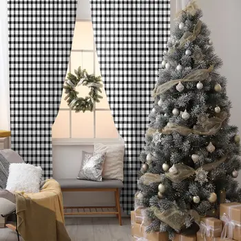 

Check Plaid Pattern Traditional Fabric Design Country Style Decor Artwork Printed Black White Curtain