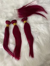 Mechones rojos con cierre, 1B99J color borgoña, cabello humano liso brasileño, 3 mechones con cierre, cabello humano Remy tejido
