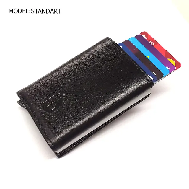Smart Wallet Business Card Holder Real Cow Leather Handmade Smart Automatic Card Holder Men Gift Standart Black
