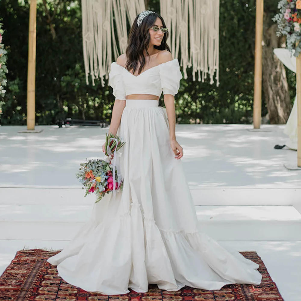 

Атласное минималистичное Свадебное платье из двух предметов, Прямая поставка, без бретелек, с открытыми плечами, цвет слоновой кости, короткий топ, свадебные платья