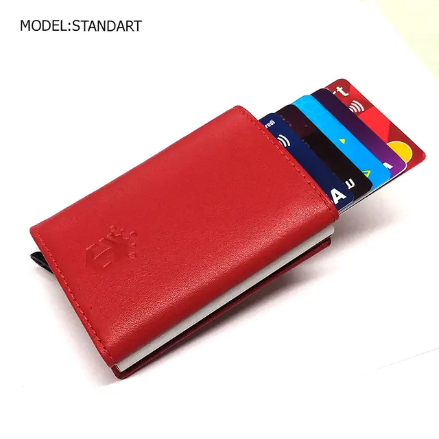 Smart Wallet Business Card Holder Real Cow Leather Handmade Smart Automatic Card Holder Men Gift Standart Red