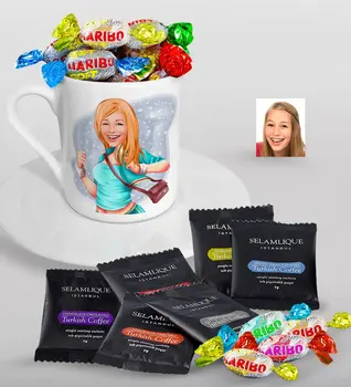 

Personalized Women 'S Caricature Of Turkish Coffee Cup Selamlique Mixed Turkish Coffee house And Haribo Candy Gift Seti-52
