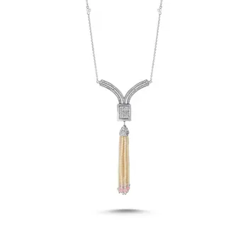 

Angemiel 925 Silver Majorca Pearl and Pink Quartz Tassels Zircon Cubic Zirconia Necklace