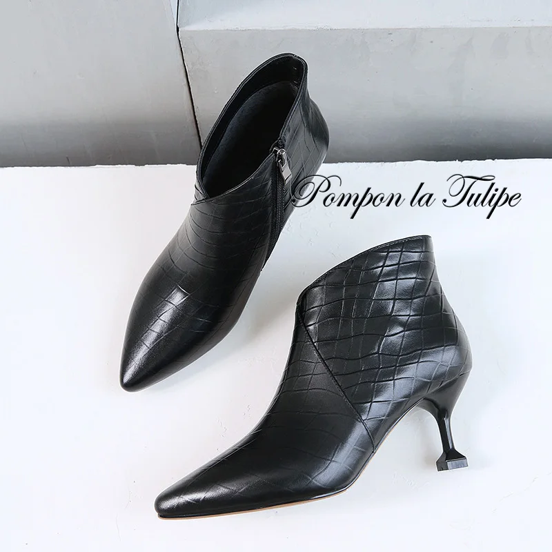 

BHS 9011185 Stylish Pointed Toe Genuine Cow Leather Elegant Zipper 6.6CM Thin Goblet Heel Leather/Plush Women Fashion Ankle Boot