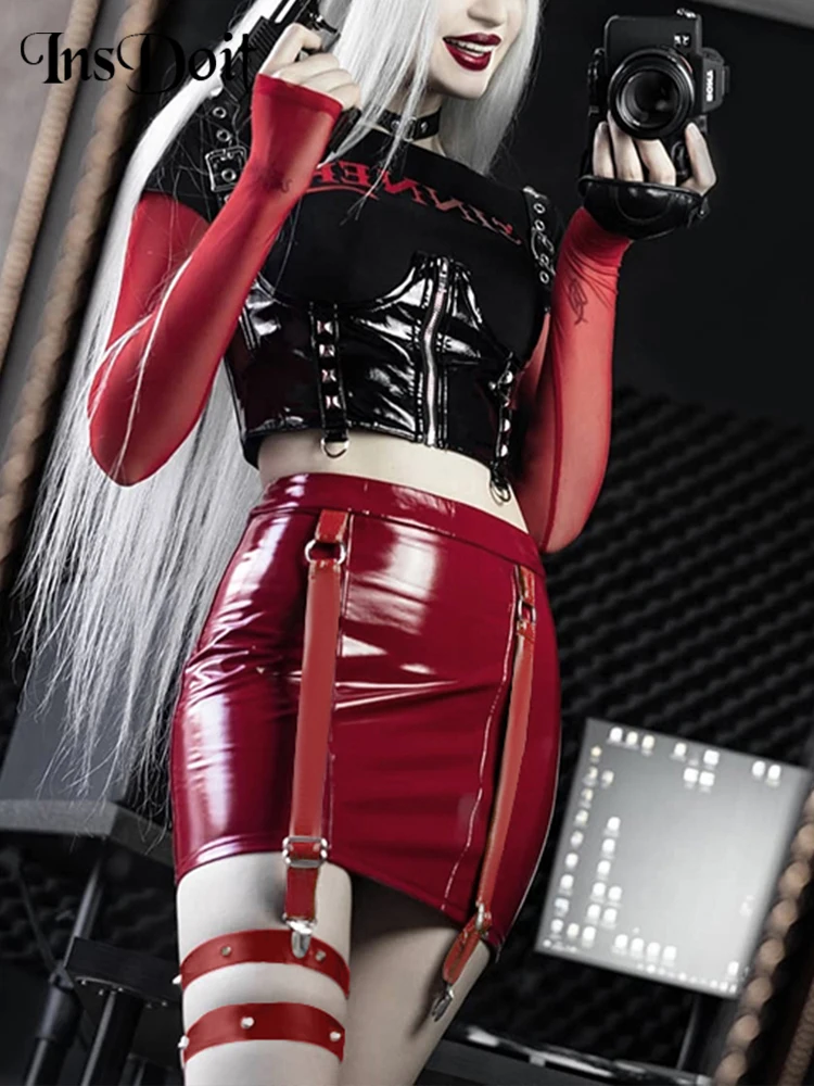 Юбка-мини женская из ПУ кожи с завышенной талией и кольцом | Женская одежда