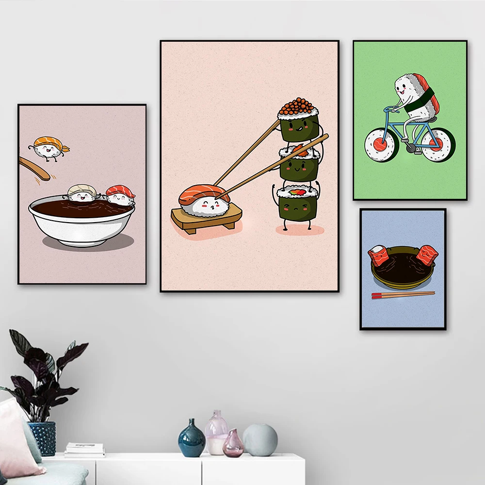 

Funny Cartoon Sushi on Bicycle Poster Print Cute Japanese Foods Canvas Painting Kitchen Restaurant Wall Art Pictures Home Decor