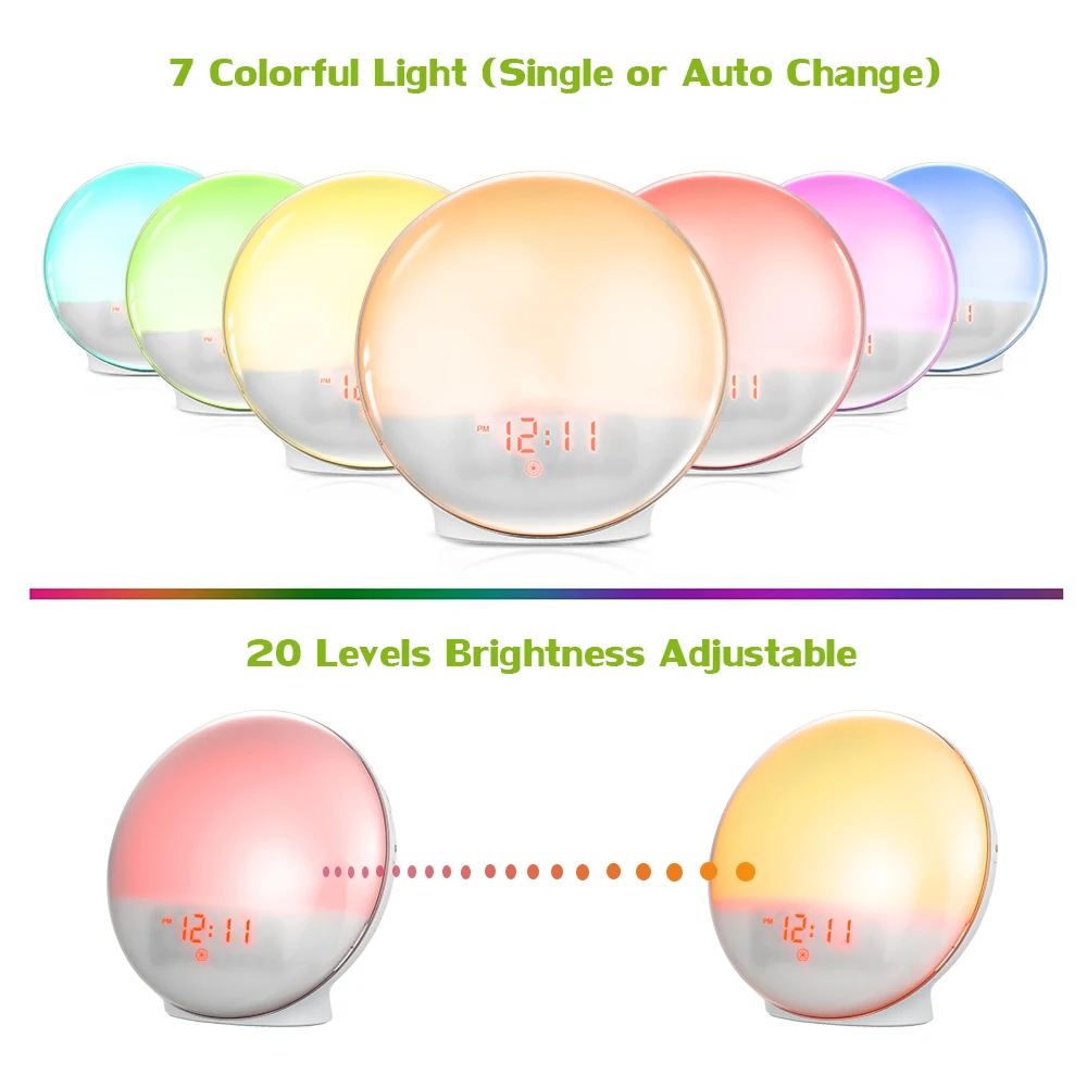 Светильник с будильником, будильник с 7 цветными изображениями восхода солнца и захода солнца, Ночной светильник и функция повтора