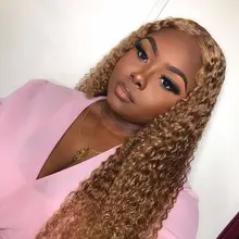 Color rubio rizado 13X4 frente de encaje pelucas de cabello humano Pre arrancado 180% brasileño encaje Frontal pelucas de cabello Remy rizado para las mujeres