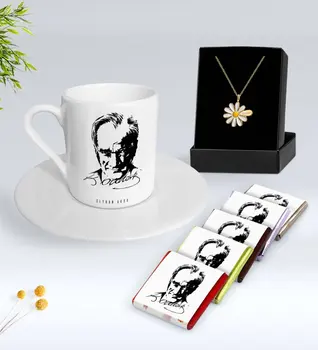 

Personalized Ataturk Themed Turkish coffee Cup Chocolate and Is Daisy Necklace Gift Seti-13