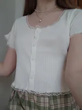 T-Shirt Women Tops Button-Crop-Top Short-Sleeve O-Neck Basic Blue Ruffles Casual Summer