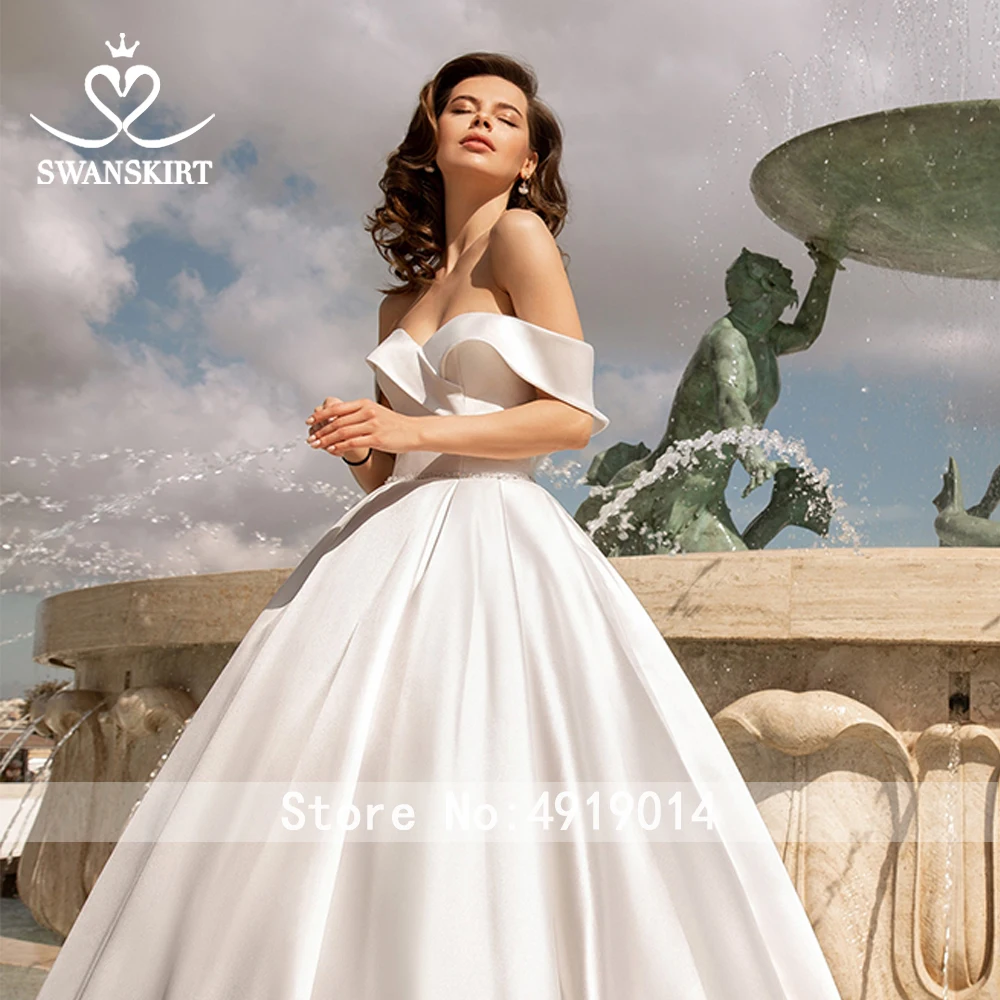 Свадебное платье трапециевидной формы с открытыми плечами, шикарная юбка, милое атласное свадебное платье со шлейфом, платье принцессы, Vestido de noiva EY01