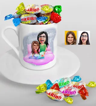

Personalized Mother-Daughter Caricature Of Turkish Coffee cup And Haribo Candy Gift Seti-3