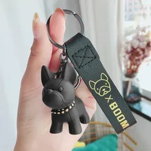 Moda Punk llavero de Bulldog Francés de cuero de la PU perro llaveros para las mujeres bolso colgante joyas baratija del coche de los hombres, anillo de clave de la cadena
