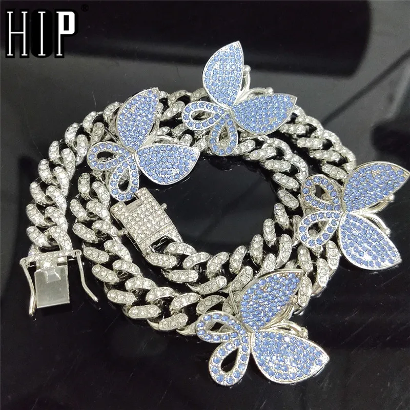 

Hip Hop Iced Out Paved Rhinestones 12MM Full Miami Curb Cuban Chain With Butterfly Necklaces For Men Jewelry