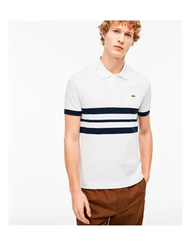

LACOSTE brand Polo shirt for men with short sleeves. Plain with navy stripes white color