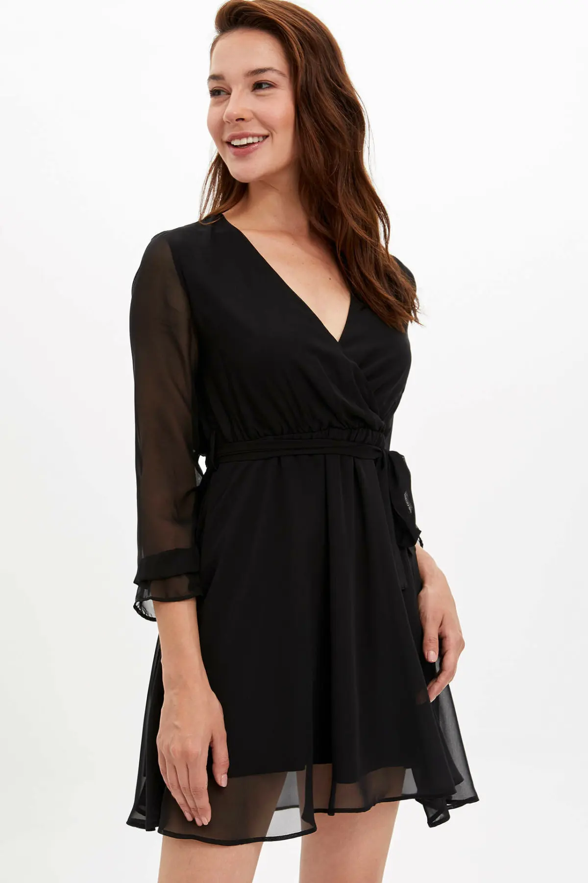 DeFacto Woman Winter Sexy V neck Chiffon Dresses Women Black Wine Red