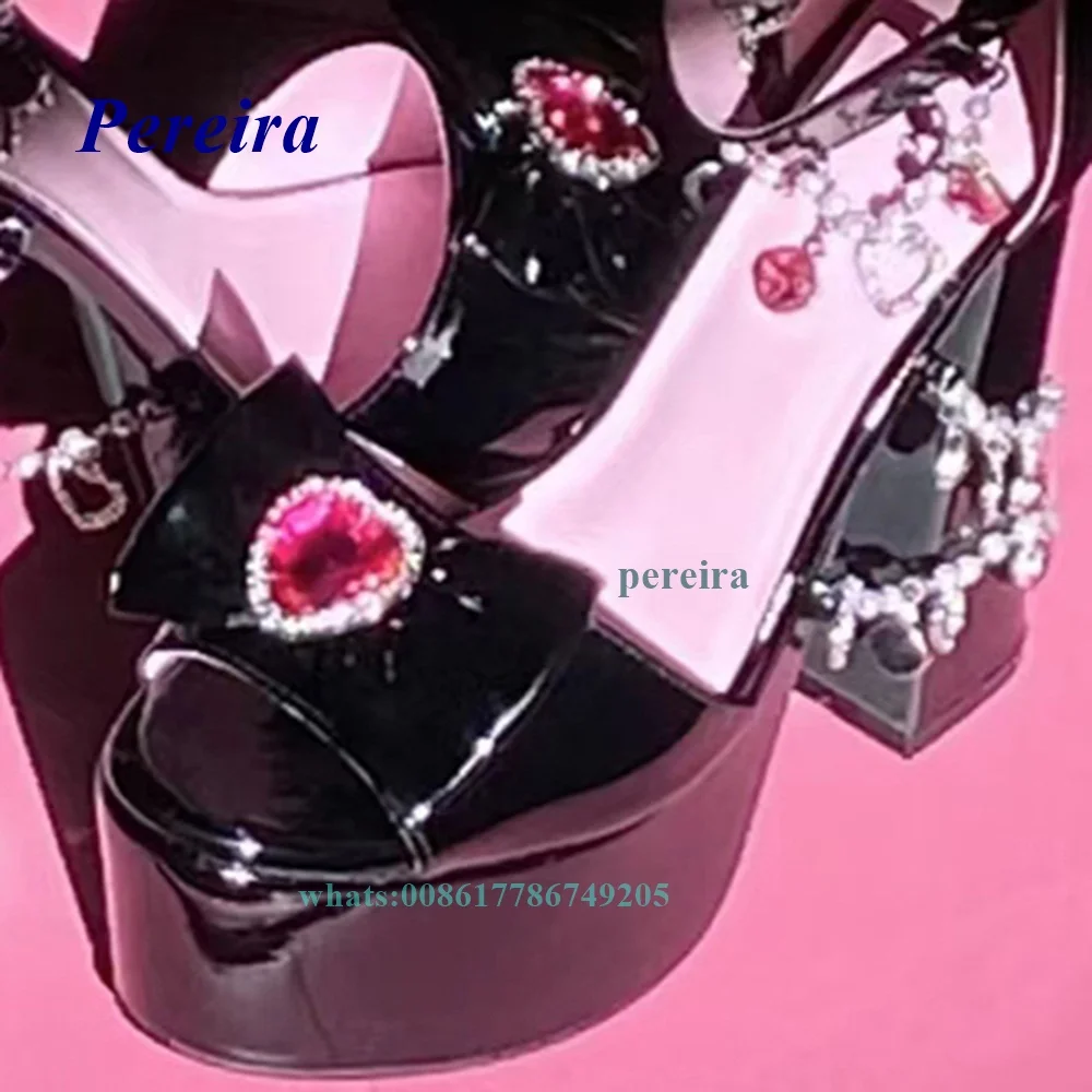 Peep Toe Platform Chunky Heel Sandals 2022 New Women Shoes Summer Sweet Cool Retro Fashion Flash Diamond Love Pearl Chain