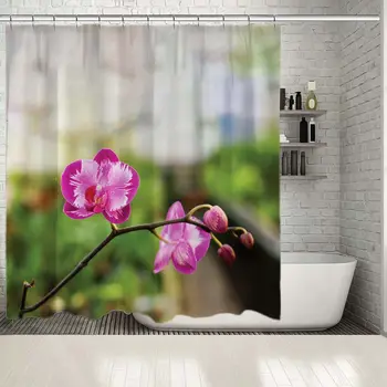

Shower Curtain Orchid Flower Close Up Photo with Blurred Background Nature Floral Art Pink Green