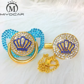 

MIYOCAR All Bling blue bling crown pacifier and clip set pacifier chain holder gold crown pacifier blue rhinestone ABCB-SB