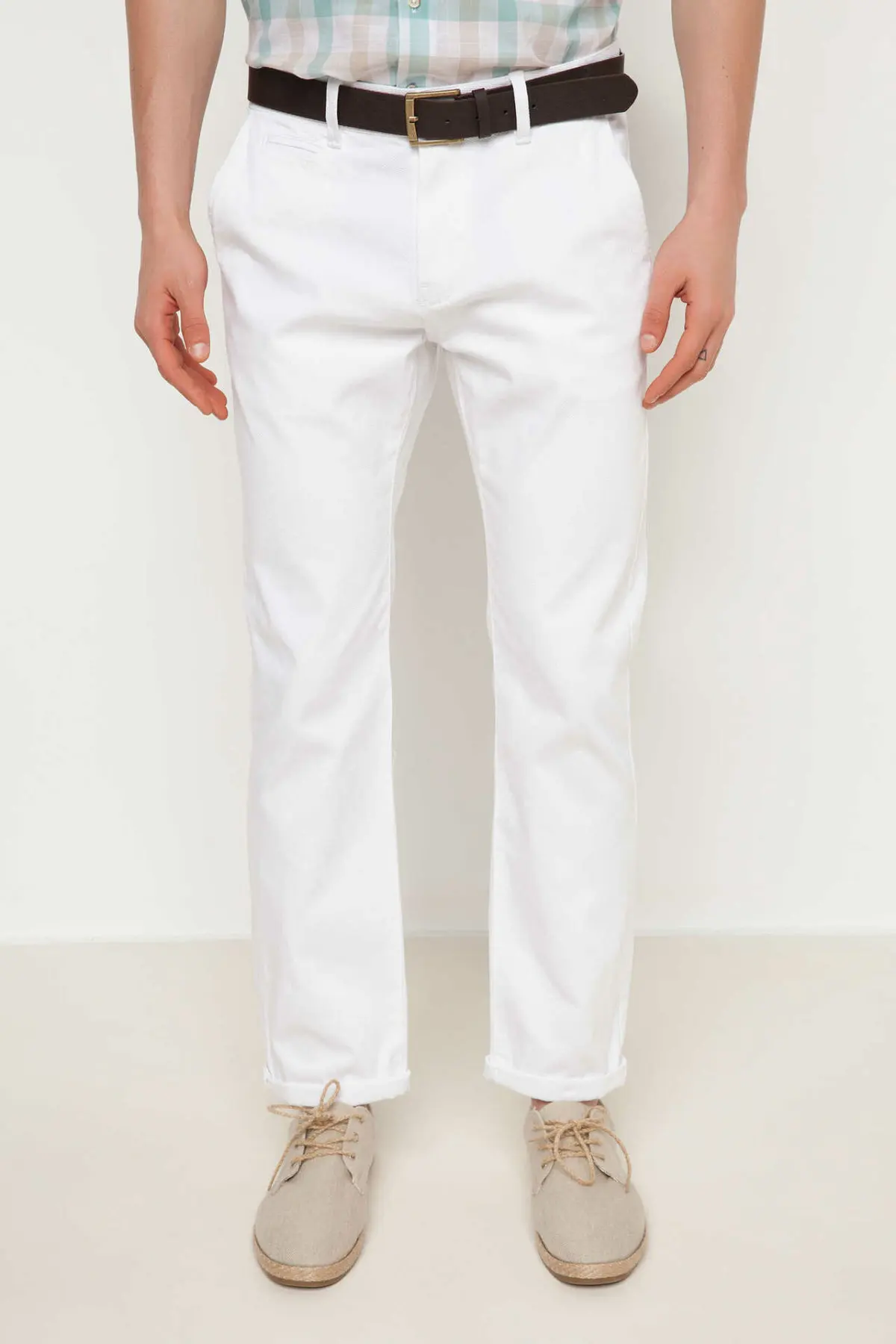 DeFacto Fashion Men White Cotton Straight Trousers High Quality Casual Pure Color Long Pants For Men's New- G8954AZ17HS