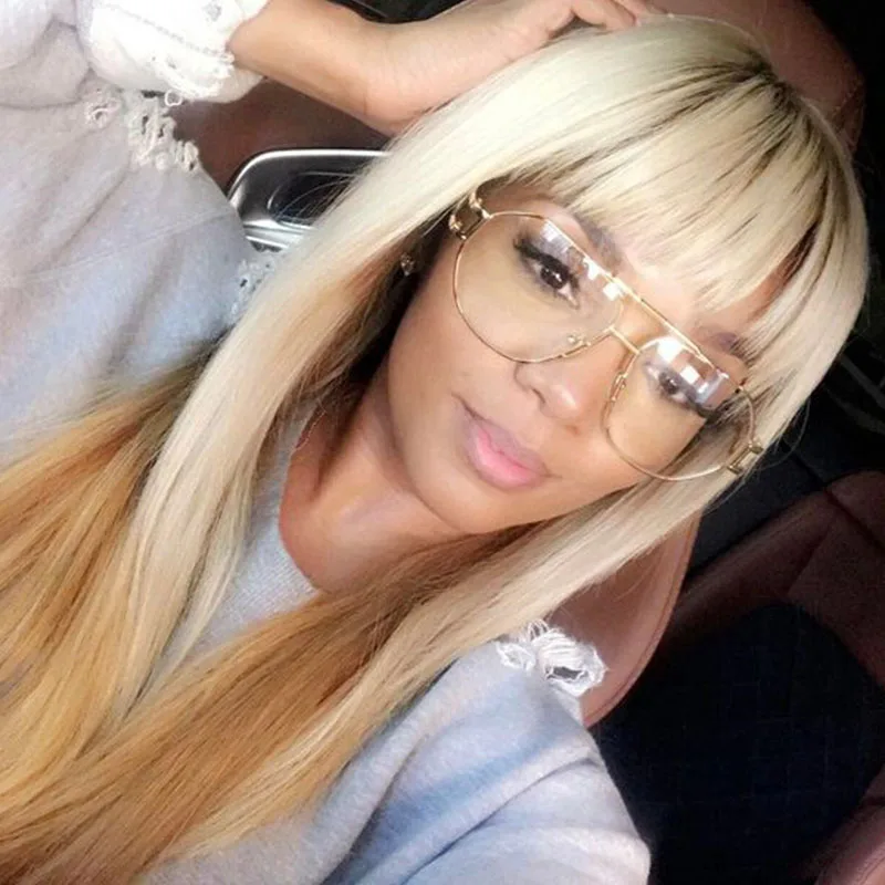 

#1BT60 Blonde Lace Frontal Human Hair Wig Long Straight Brazilian Remy Hair With Bangs Bleached Knots with Baby Hair