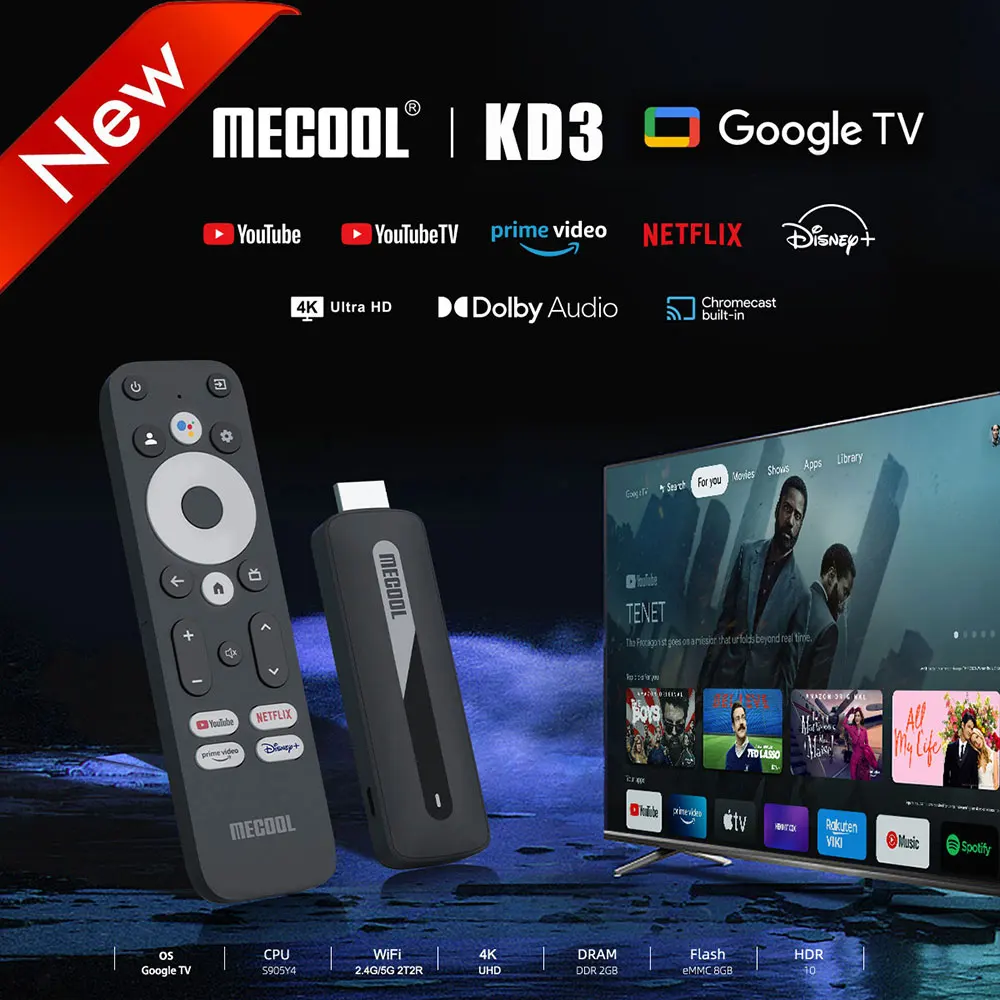 ТВ-приставка Mecool KD3 4K для Netflix Android 11 Смарт с Amlogic S905Y4 2 Гб + 8 Wi-Fi 4 ГГц/телефон HDR 10