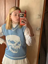 Rapcopter-suéteres Y2K para mujer, suéteres de calaveras con cuello de pico, blusas de punto azules informales holgadas, ropa de calle Retro para mujer, Tops de punto 2020