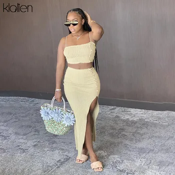 

KLALIEN Fashion elegant camisole and Slit Ankle-Length skirt suit women rib knitted sexy office lady two piece skirt set