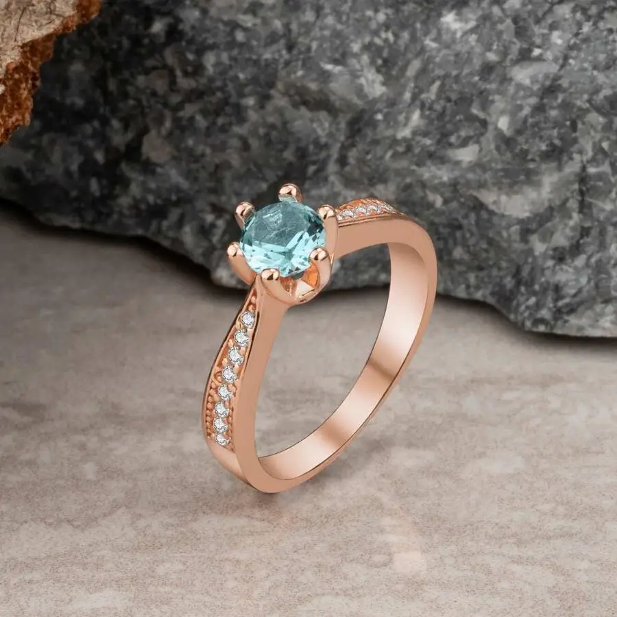 

Rose Color Silver Zircon Stone Embroidered Ladies Ring With Ice Blue Stone Fashion Turkish Premium Quality Handmade Jawelery