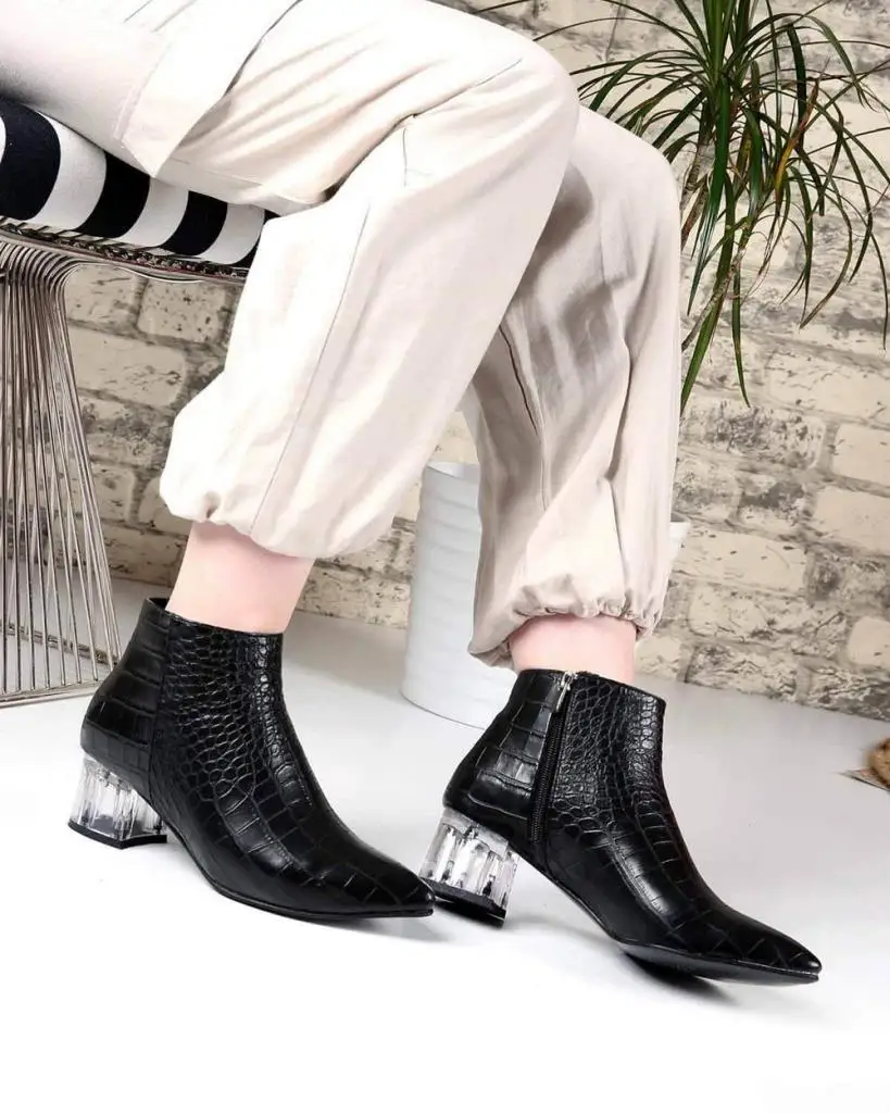 

Mosimoso Women's Ankle Height Boot Evalyn Black Crocodile Skin Transparent Heel Zippered Women Boots