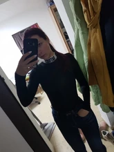 InstaHot algodón letra impresa mono cuello alto las mujeres de cuello otoño Bodycon Tops mujer parte elástica de cuerpo