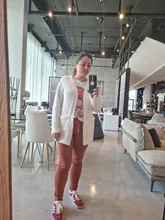 SHEIN-Chaqueta de punto bordada con bolsillos para mujer, Rebeca larga informal lisa con bolsillos y hombros caídos, con parche blanco