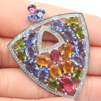 

50x39mm Big Size Silver Pendant for Ladies 14g Multi Color Fine Cut Created Citrine Tanzanite Peridot Dating Engagement